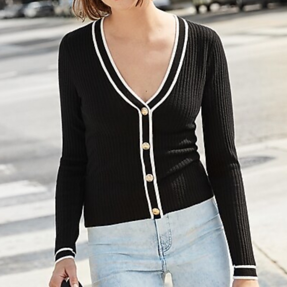 Express Black Ribbed Contrast Tipped Faux Button Sweater